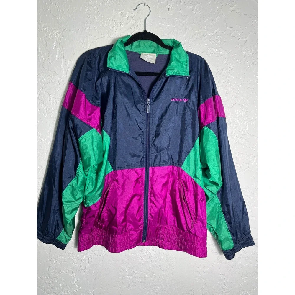 Vintage Adidas Windbreaker Jacket 90s Color Block Trefoil Navy Purple Green M/L